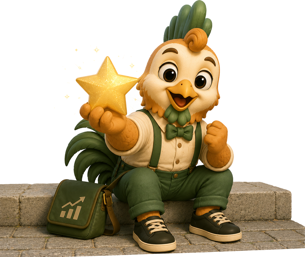 Ron the rooster holding a gold star, sitting with his satchel