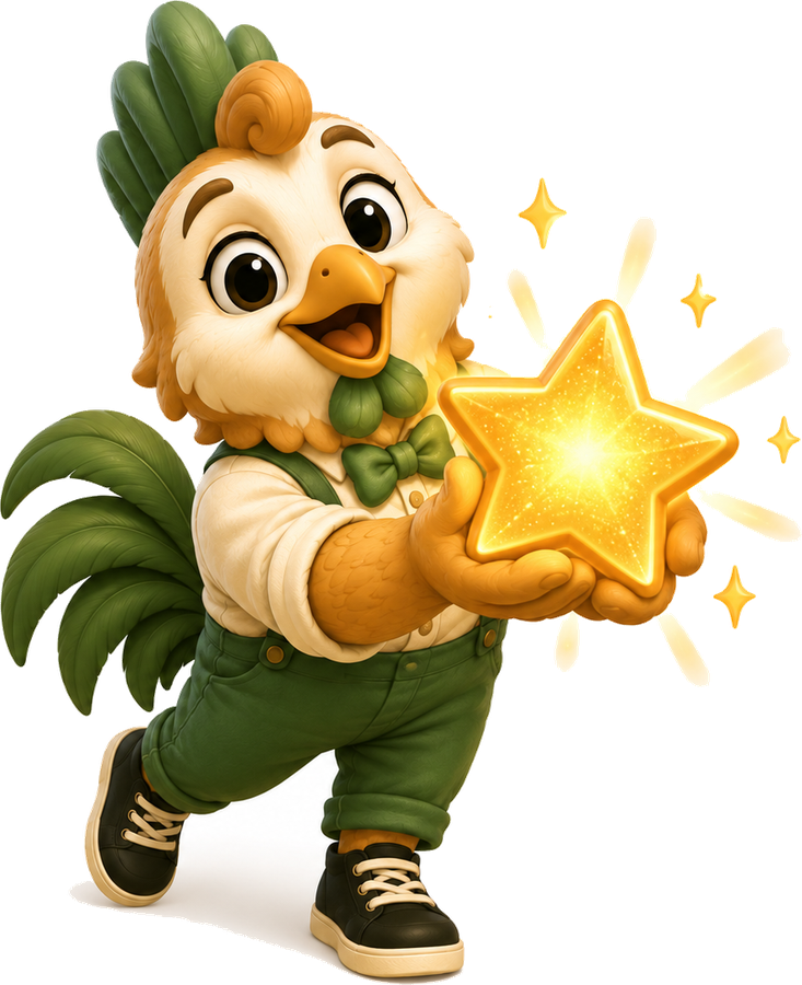 Ron, the RankOnTime rooster, holding a glowing star